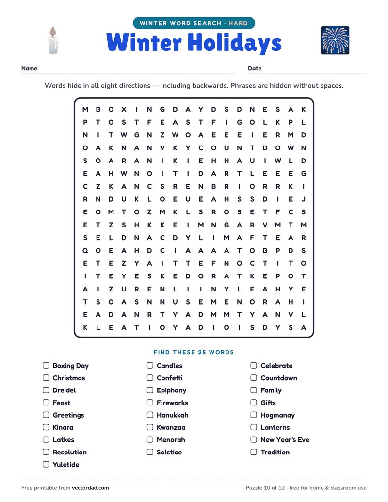 Printable Winter word search — Winter Holidays (hard, 25 words)
