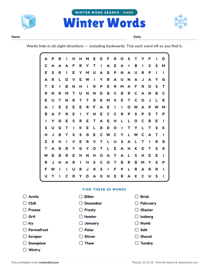 Printable Winter word search — Winter Words (hard, 25 words)