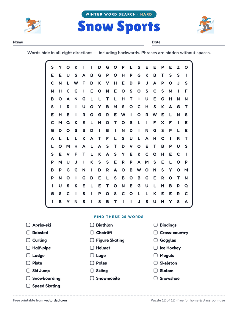 Printable Winter word search — Snow Sports (hard, 25 words)