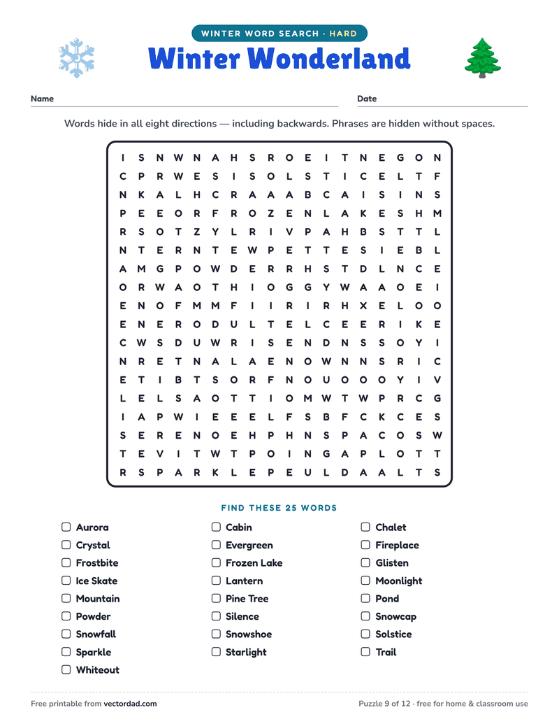 Printable Winter word search — Winter Wonderland (hard, 25 words)