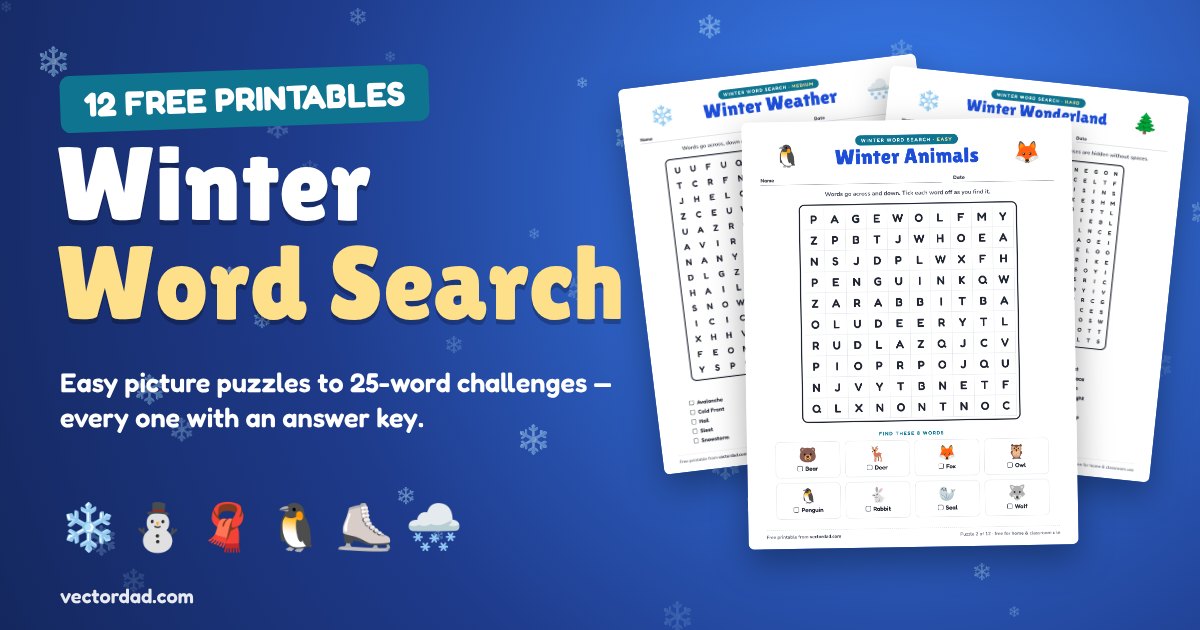 Printable winter word search puzzles — easy picture puzzles, medium and hard grids with answer keys
