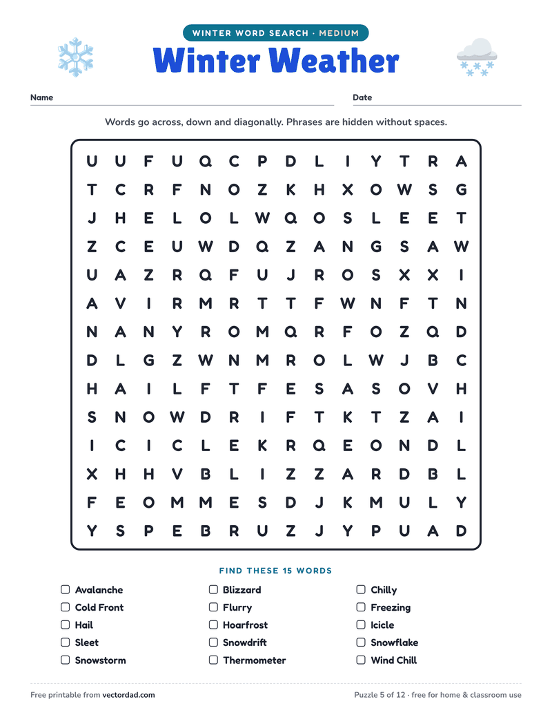 Printable Winter word search — Winter Weather (medium, 15 words)