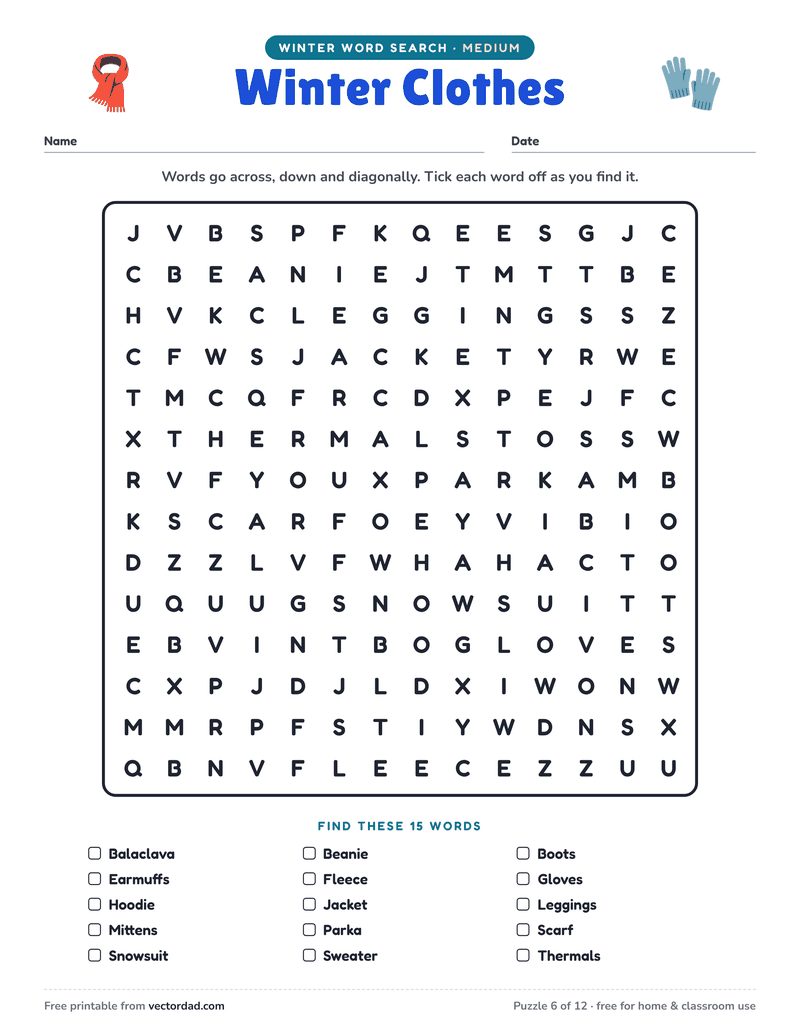 Printable Winter word search — Winter Clothes (medium, 15 words)