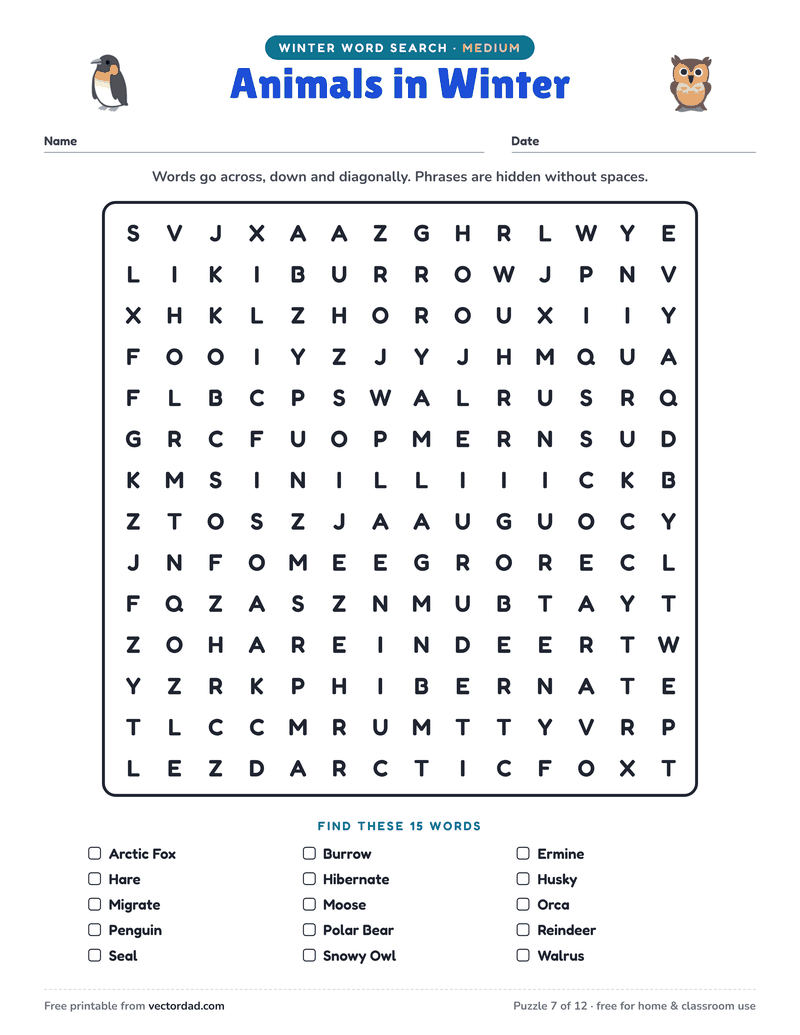 Printable Winter word search — Animals in Winter (medium, 15 words)