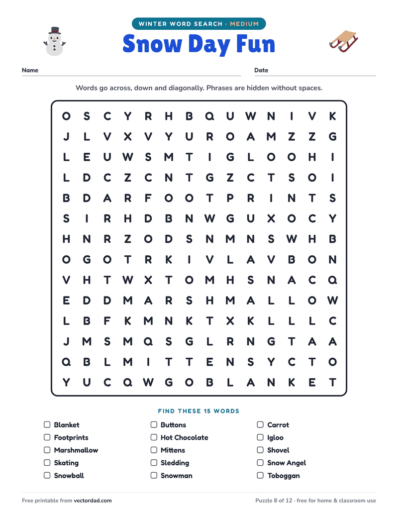 Printable Winter word search — Snow Day Fun (medium, 15 words)