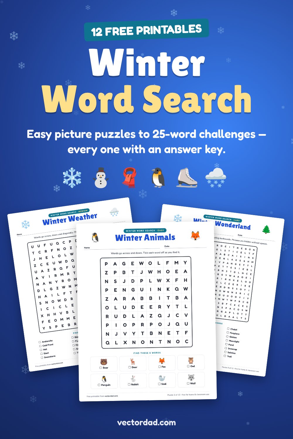Free printable winter word search puzzles with answer keys from VectorDad